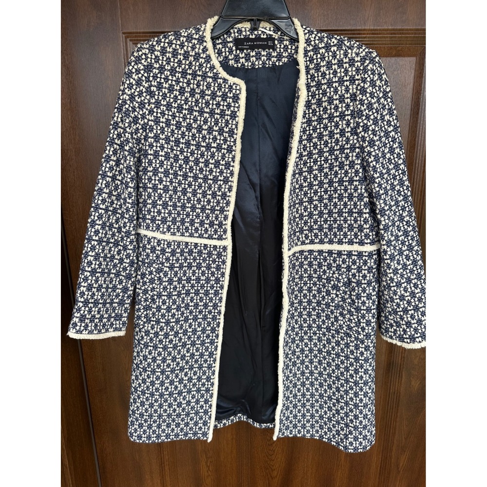 Zara Women's Spring KnitTrendy "That Coat "Blue Geometric Overcoat w Fringe SZ M